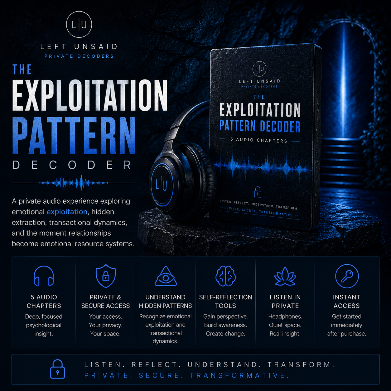 Dark blue cinematic cover art for The Exploitation Pattern Decoder featuring headphones, smartphone audio player, waveform graphics, and private psychological audio branding.