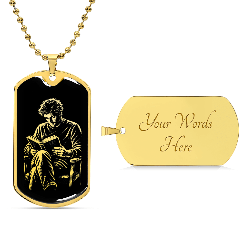 Man Reading Dog Tag Necklace – Linocut Book Lover Gift