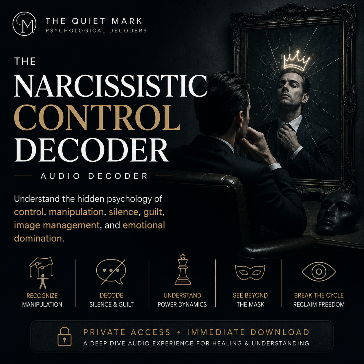Promotional graphic for 'The Narcissistic Control Decoder' with a man looking into a mirror wearing a crown.