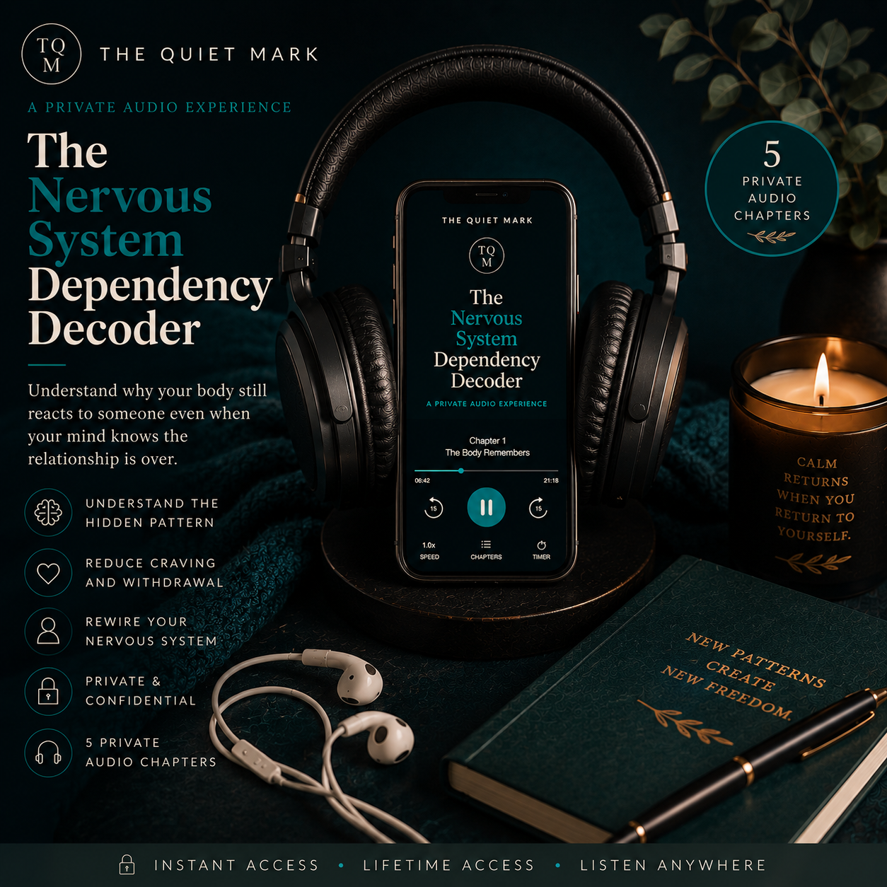 Square product image for The Quiet Mark Nervous System Dependency Decoder featuring a smartphone displaying the private audio experience positioned between premium over-ear headphones. Earphones, a journal, pen, candlelight, and dark teal textures create a calm listening environment. The image represents emotional dependency, nervous system regulation, attachment patterns, withdrawal, healing, and private reflective listening after a relationship ends.