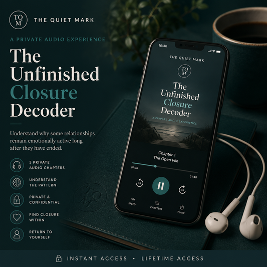 Smartphone displaying The Quiet Mark Unfinished Closure Decoder audio experience with headphones nearby in a calm teal-toned environment, representing private listening, emotional reflection, relationship closure, and personal insight through guided audio chapters.
