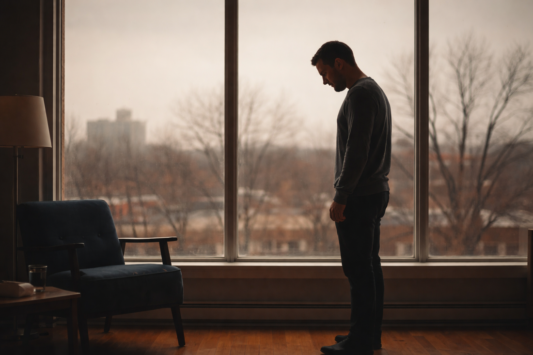 A person standing alone by a window after breaking up with someone who did nothing wrong