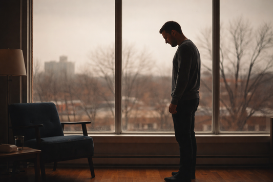 A person standing alone by a window after breaking up with someone who did nothing wrong