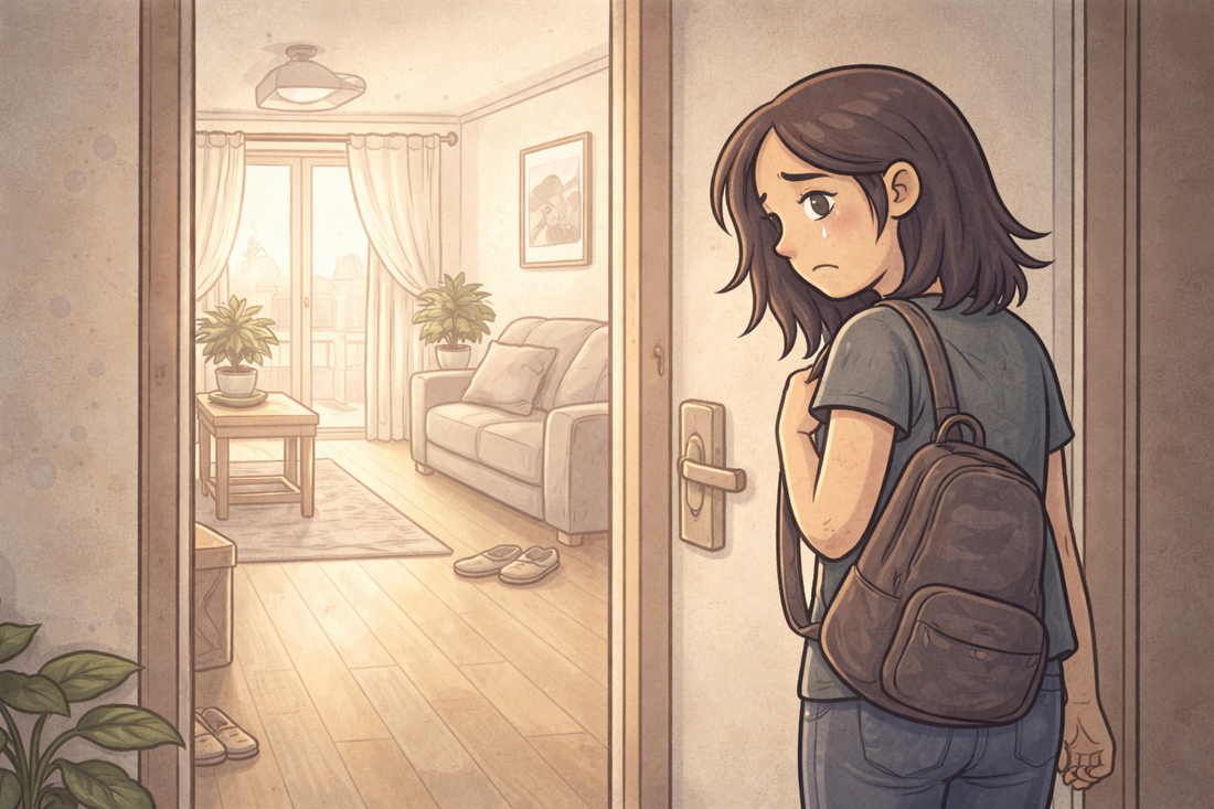 Illustration of a woman leaving an apartment while the space behind her looks calm and settled, reflecting the pain of realizing her absence brought relief