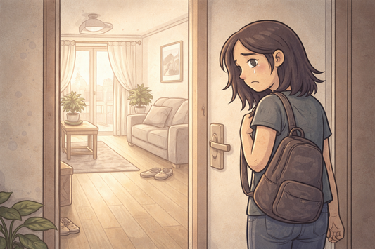 Illustration of a woman leaving an apartment while the space behind her looks calm and settled, reflecting the pain of realizing her absence brought relief