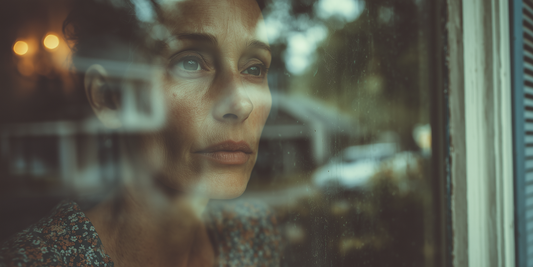 Woman standing in her apartment with a distant expression, feeling emotionally connected to someone from her past.