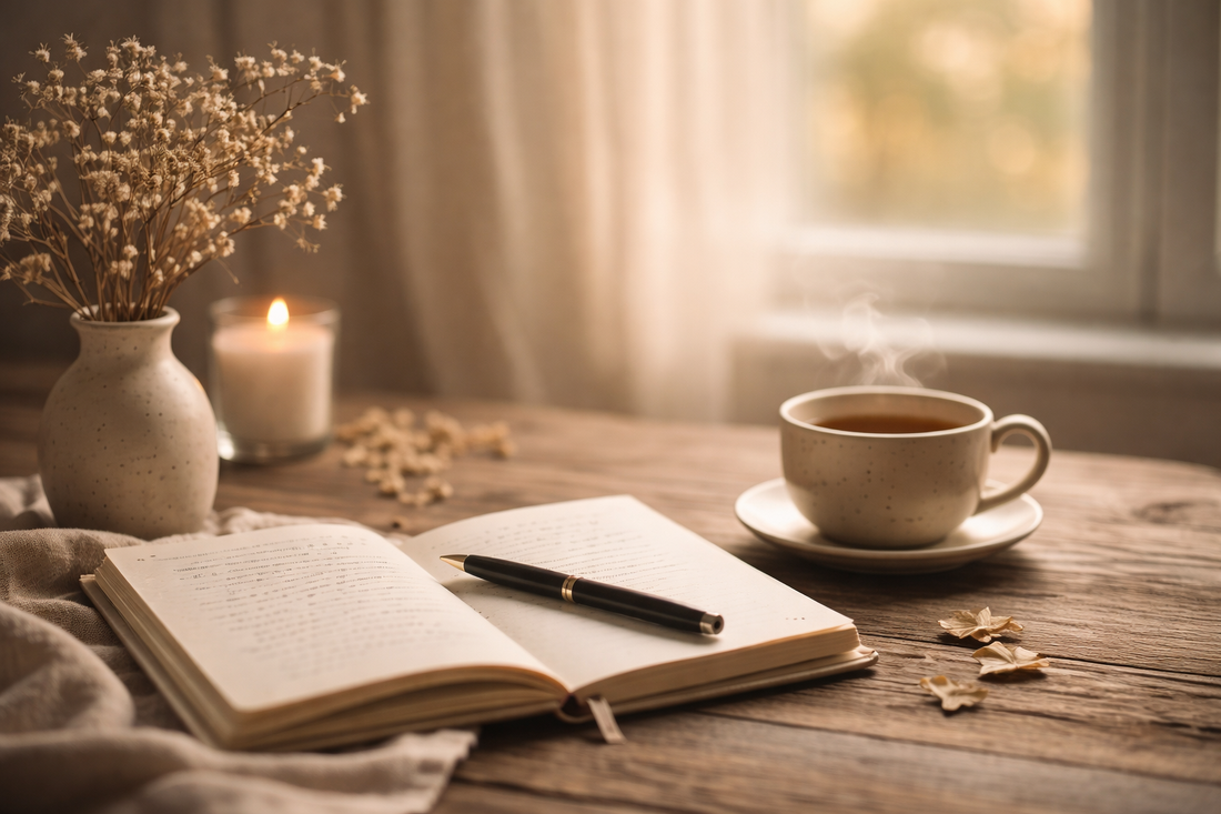 A softly lit journal on a wooden table beside a cup of tea, candle, and dried flowers near a window.