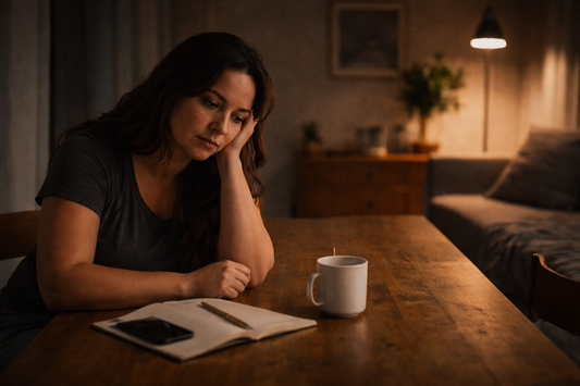Woman sitting at a table at night, holding a pillow close while resting in quiet, unresolved thought.