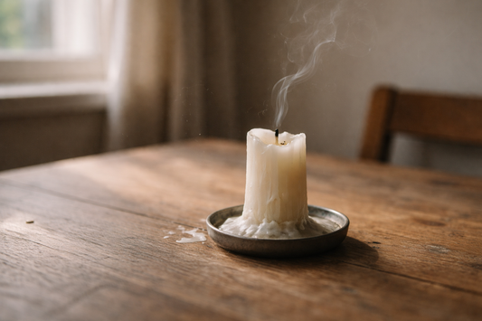 Nearly burned-down candle with faint smoke in soft morning light, symbolizing emotional exhaustion and healing after a breakup.