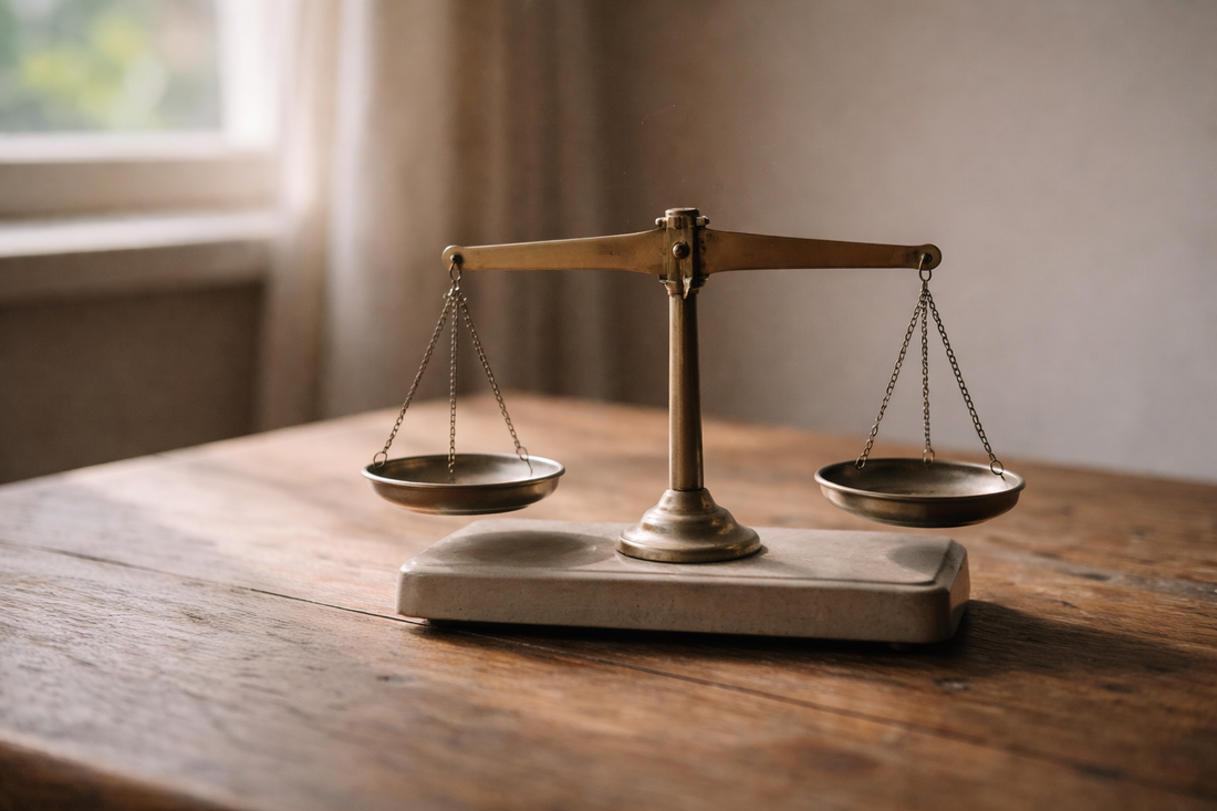 Vintage analog balance scale in soft natural light symbolizing emotional regulation and stability gradually returning after a breakup.