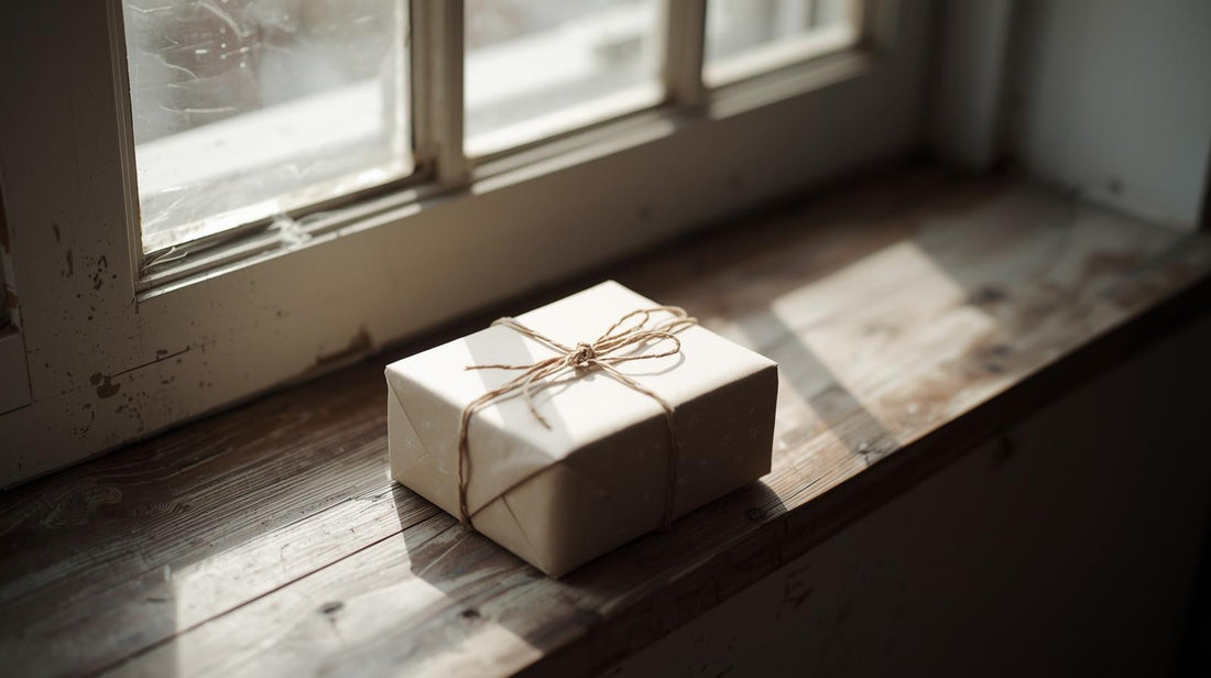 Small wrapped gift box on a windowsill in soft natural light, symbolizing unspoken feelings and unresolved emotion after a breakup.