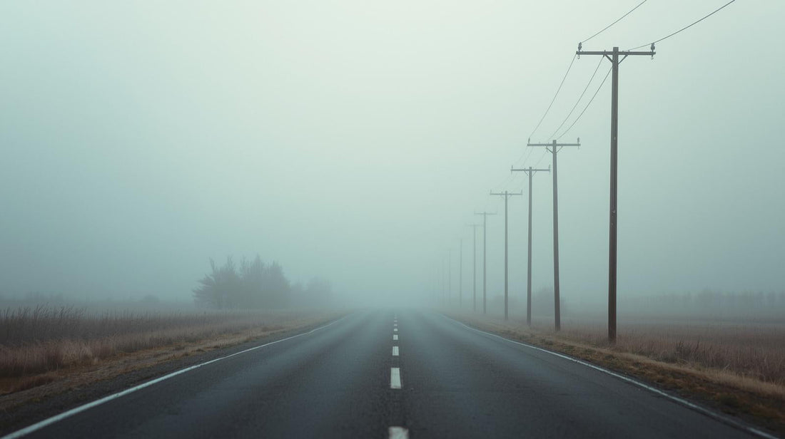 Empty road fading into fog with distant telephone poles, symbolizing uncertainty and overthinking in long-distance relationships.
