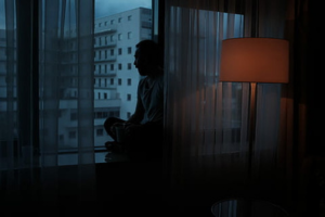 Heartbroken man staring out of window