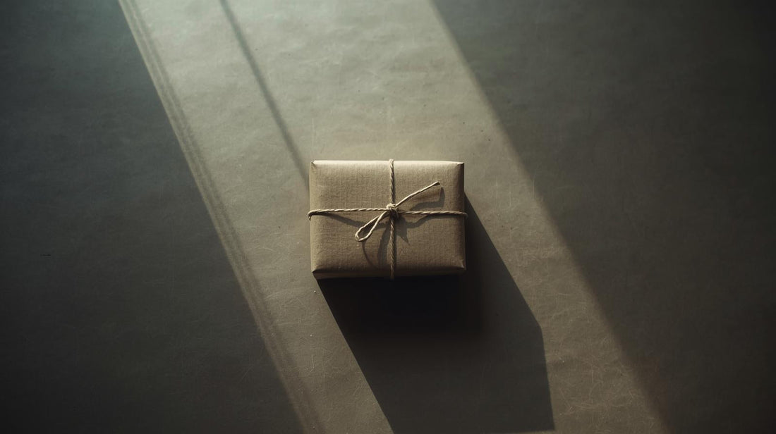 Minimal gift box wrapped in plain paper and tied with simple string on a neutral background, symbolizing understated emotion and unspoken feelings.