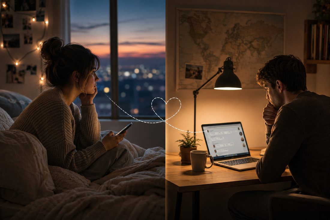 Young couple in separate rooms at night communicating from a distance, with the woman sitting on a bed holding her phone and the man sitting at a desk beside a laptop.