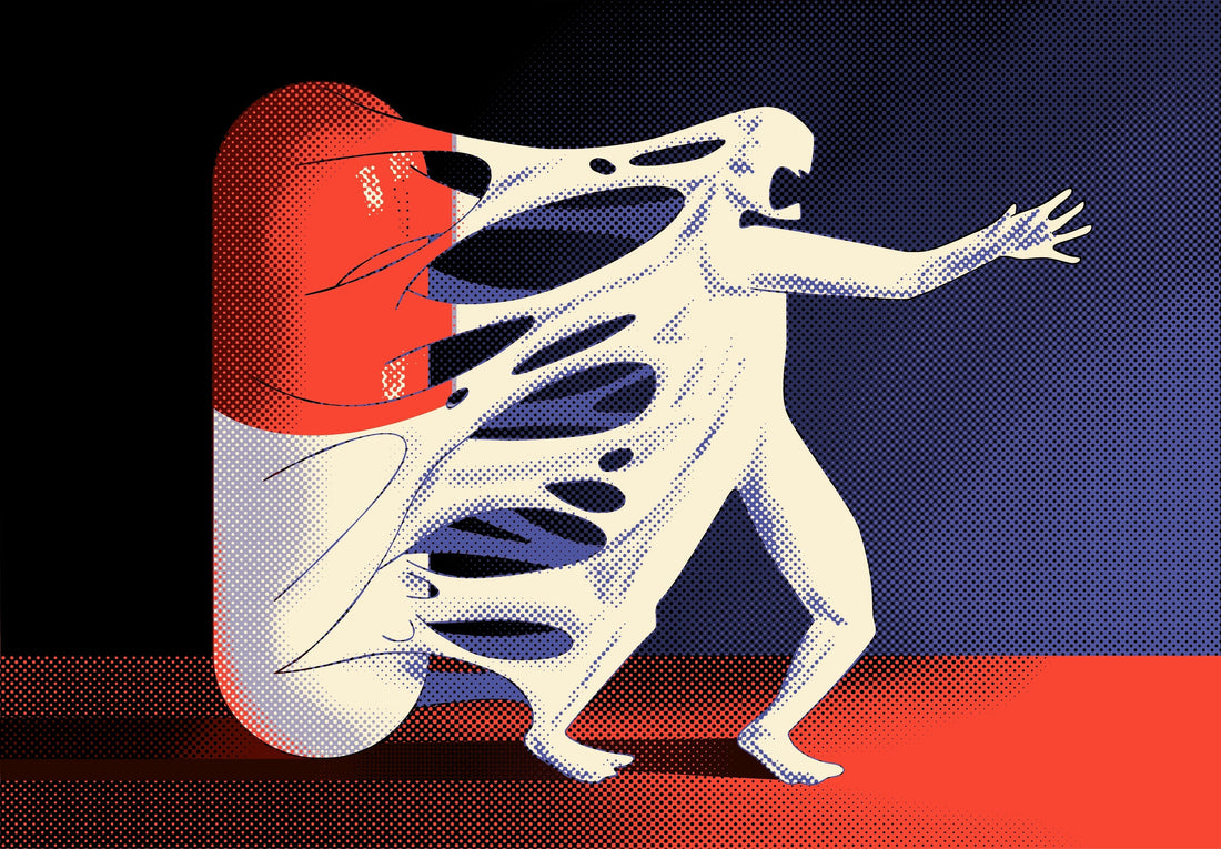 Stylized illustration of a figure struggling to break free from a large red mass that clings to their body, representing the psychological grip of trauma bonding and the difficulty of distinguishing it from genuine love