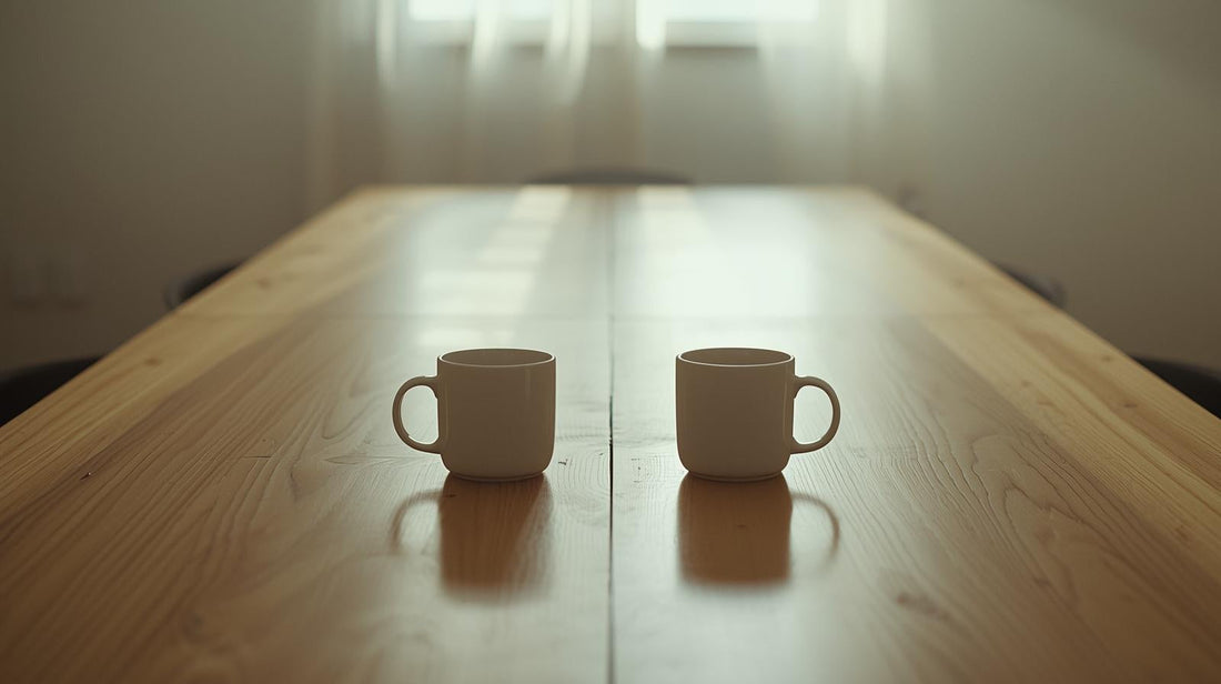 Two coffee mugs placed far apart on a wooden table in soft natural light, symbolizing emotional distance after a breakup.