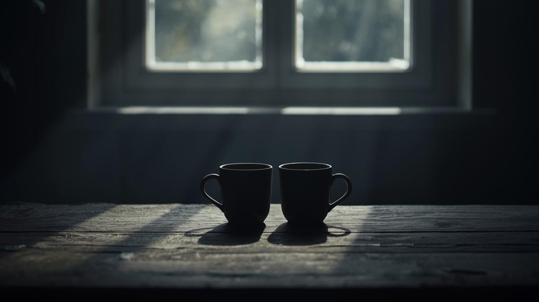 Two identical ceramic mugs in dark room symbolizing trauma bonding