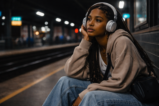 A young African American woman sitting at a railway station at night, wearing headphones and baggy jeans, resting her head on her hand while looking down the platform