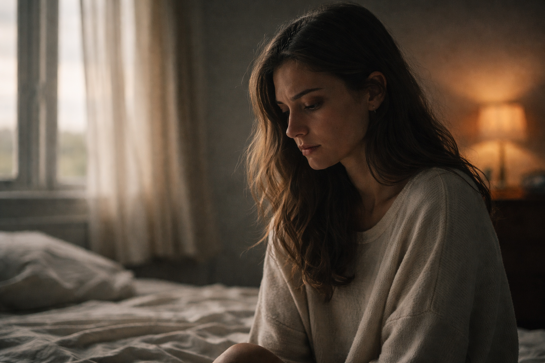 Woman sitting alone by a window in soft evening light, reflecting on heartbreak, honesty, and being left because of her past