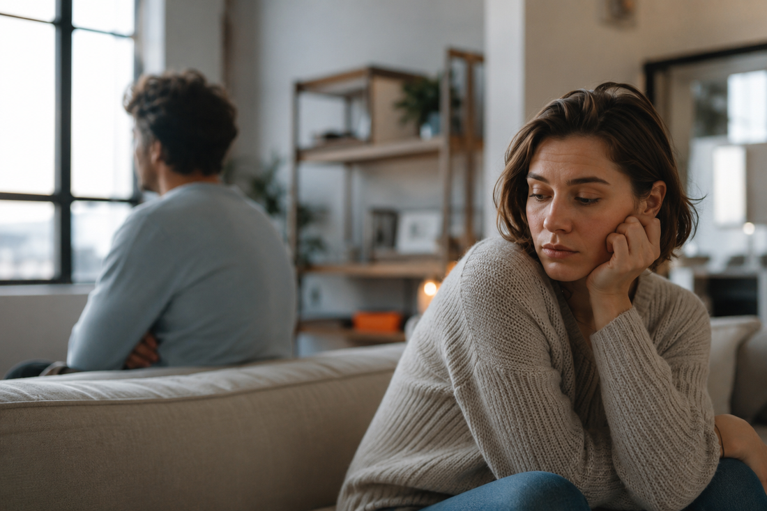 Couple sitting apart on a couch, symbolizing emotional distance and unhealthy relationship patterns.