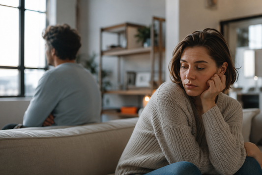 Couple sitting apart on a couch, symbolizing emotional distance and unhealthy relationship patterns.
