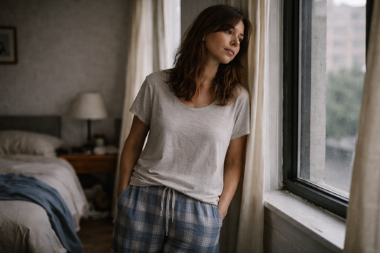 Woman in her late 30s wearing pajamas stands by a bedroom window in daylight, calm and reflective while a trace of sadness remains.