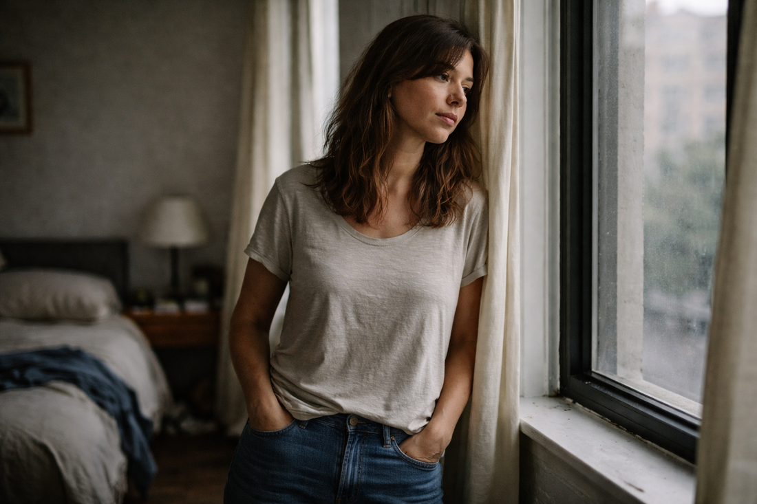 Woman in her late 30s standing by a window in a quiet apartment, looking outside with a calm but unresolved expression.