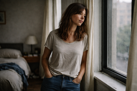 Woman in her late 30s standing by a window in a quiet apartment, looking outside with a calm but unresolved expression.