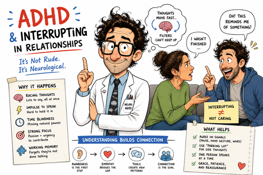 Illustrated neuroscientist explaining ADHD interrupting in relationships, showing how racing thoughts, impulsivity, and communication challenges can lead to interruptions during conversations.