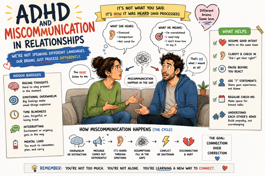 Illustrated ADHD relationship communication guide showing how miscommunication happens when partners process conversations differently due to attention, emotional regulation, and executive function challenges.