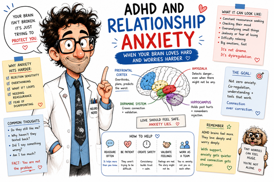 Geeky neuroscientist explaining ADHD relationship anxiety, showing how overthinking, reassurance seeking, rejection sensitivity, and emotional dysregulation affect romantic relationships.