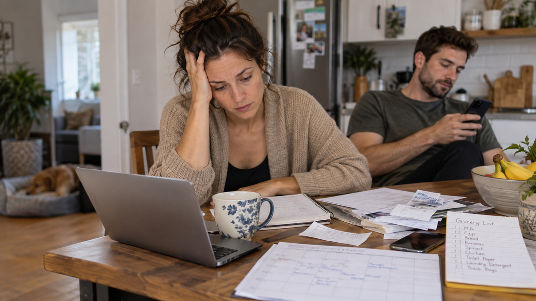Woman overwhelmed by household planning, bills and schedules while her partner looks at his phone, representing unequal mental load in an ADHD relationship.