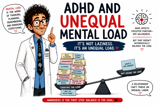 ADHD and unequal mental load in relationships, showing executive dysfunction, invisible labor, emotional labor, household management, relationship burnout, and mental load imbalance.