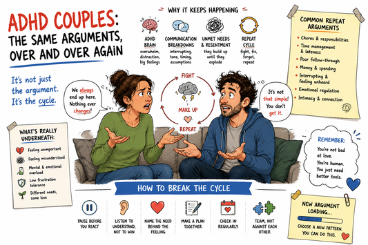 Illustrated ADHD couple caught in a repeating argument cycle, showing communication breakdowns, emotional overwhelm, misunderstandings, and practical strategies for healthier relationship patterns.