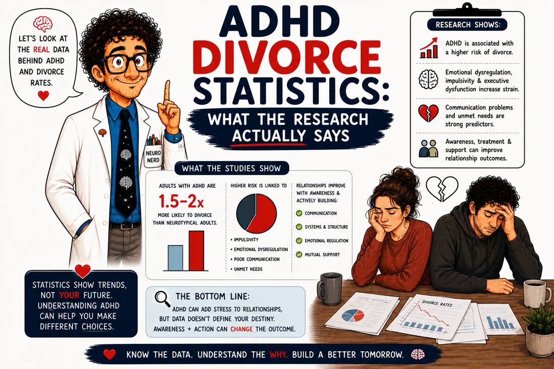 ADHD divorce statistics explained, showing research on ADHD and divorce rates, relationship challenges, emotional dysregulation, communication problems, and marriage outcomes.