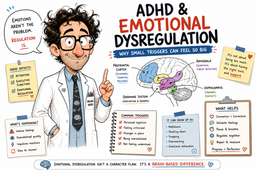 Geeky neuroscientist explaining ADHD emotional dysregulation in relationships, showing how intense emotions, overwhelm, rejection sensitivity, and emotional regulation differences affect communication and connection.