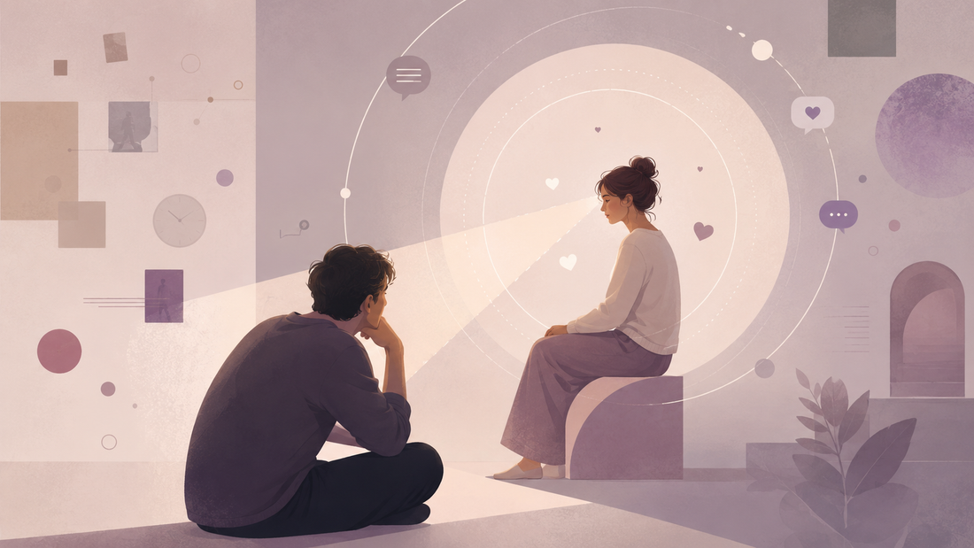 Illustration of one partner intensely focused on the other, symbolising ADHD hyperfocus, emotional attention, and early relationship intensity.