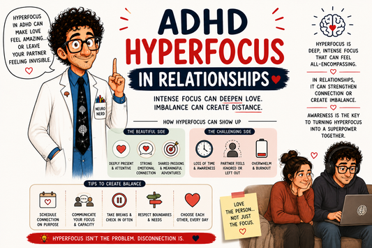 ADHD hyperfocus in relationships explained, showing intense attention, emotional connection, relationship imbalance, executive dysfunction, and the impact of hyperfocus on romantic partners.