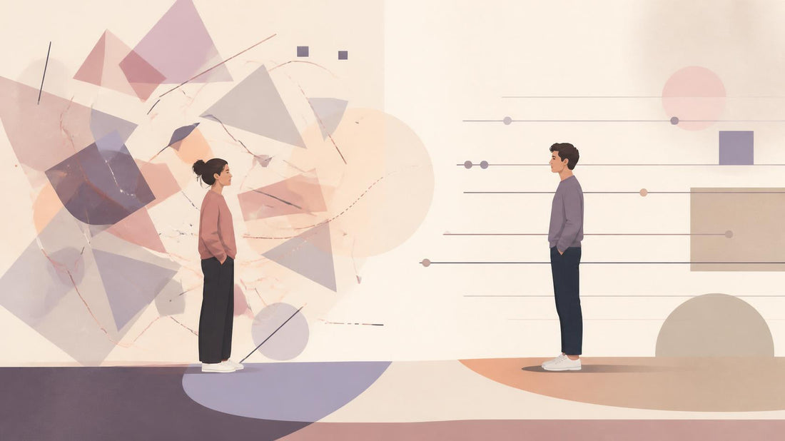 Flat illustration of two people in shared space with contrasting communication patterns, one surrounded by overlapping scattered shapes representing ADHD thought patterns, the other in linear organized space, showing miscommunication in relationships