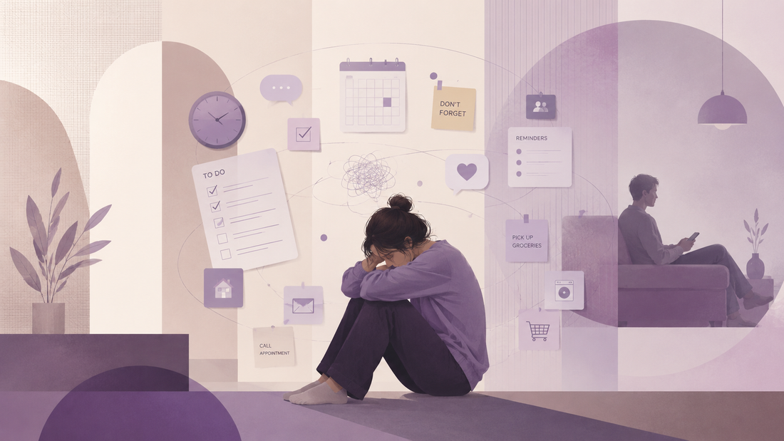 Illustration of an exhausted partner overwhelmed by reminders, mental load, household tasks, and emotional distance in an ADHD relationship.