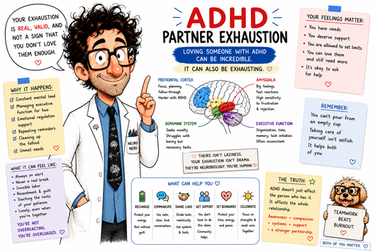 ADHD partner exhaustion in relationships explained by a neuroscientist, including mental load, burnout, emotional labor, resentment, and coping strategies for non-ADHD partners.