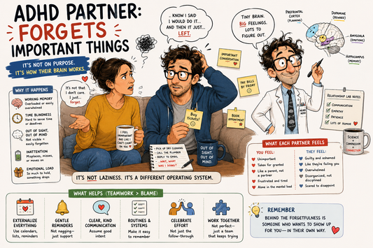 Geeky neuroscientist explaining why ADHD partners forget important things, showing how working memory, time blindness, attention differences, and mental overload affect relationships.