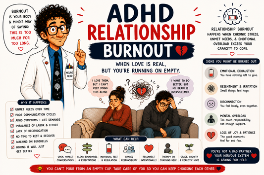 ADHD relationship burnout explained, showing emotional exhaustion, mental overload, resentment, communication problems, unequal mental load, and burnout in ADHD relationships.