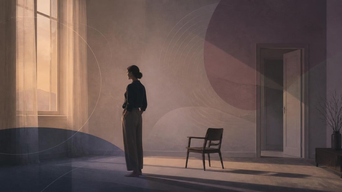 Editorial illustration of a lone reflective figure in a quiet room, symbolizing fear of being alone after a breakup.