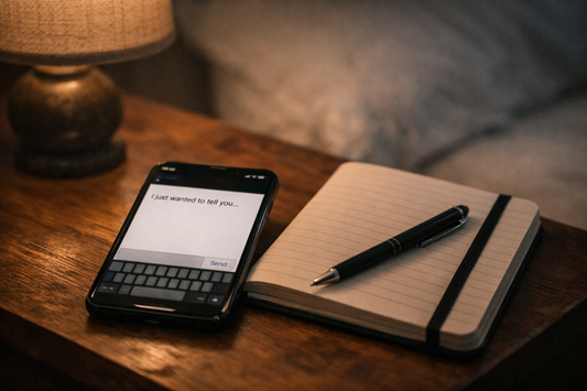 An open smartphone resting on a table with a draft message left unsent, lit by soft natural light