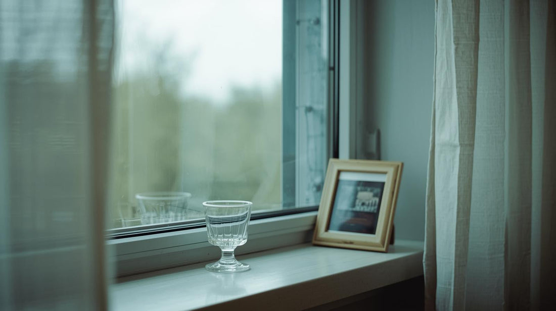 Empty glass with a small amount of liquid on a softly lit wooden table, symbolizing hidden alcoholism and emotional tension in a relationship