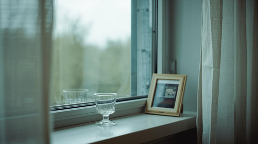 Empty glass with a small amount of liquid on a softly lit wooden table, symbolizing hidden alcoholism and emotional tension in a relationship