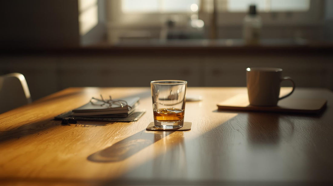 Half-empty glass and a small photo frame reflected in a window in soft daylight, symbolizing emotional distance and unresolved patterns in a relationship affected by alcoholism