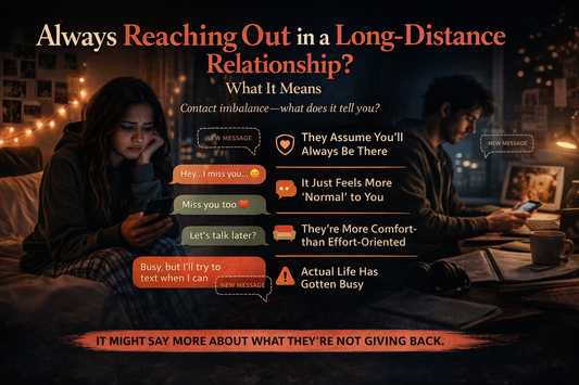 Alt Text: Infographic showing one-sided communication in a long-distance relationship with woman repeatedly texting while partner appears distant